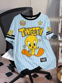 LOONEY TUNES X SHEIN 大码夏季休闲条纹卡通图案圆领短袖T恤 - 白色 - 查看 1