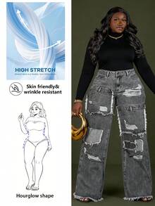 CurvyTilda Quần jeans ống rộng, rách, rách, giặt thường ngày cỡ lớn - Màu Xám nhạt - Xem 8