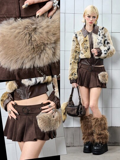 ROMWE Avant Y2K Distressed American Style Ultra Low Waist Faux Fur Patchwork Pleated Women Mini Skirt