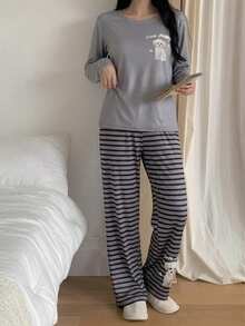 2pcs/Set Tween GirlsPlaid Pants & English Letter Print Long Sleeve Casual Homewear Set Grey Pajama Set Tween Girls Pajamas-Pajama Set Gray Striped Puppy Print Round Neck Long Sleeve Top With Pants Stylish Playful Design Comfortable Loungewear Four Season Sleepwear 2026 New Year Essential - Grey - View 5