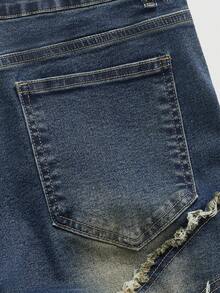 ROMWE MEN Men's Casual Everyday Washed Frayed Hem Layered Slant Pocket Flare Leg Jeans Spring/Summer - Dark Wash - View 5