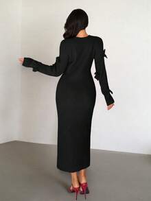 Rafferiza Women's Basic Minimalist Fashion Design Bow Elegant French Style Sweater Dress - Black - View 2