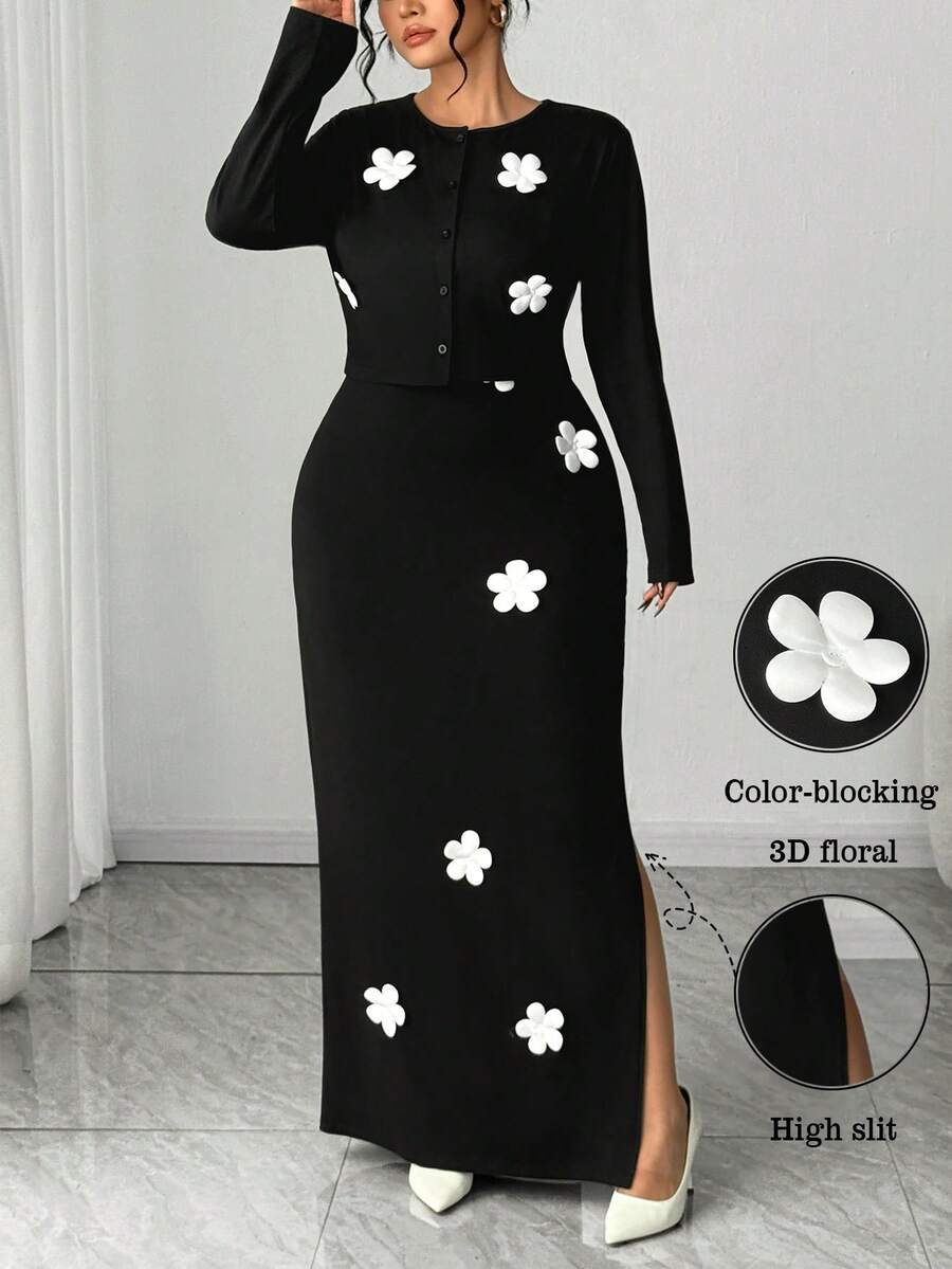 Elenzga Women's Elegant Floral Print Jacket And Dress Set