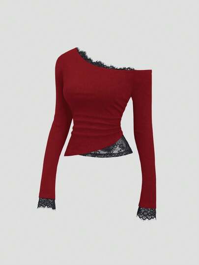 Sweetra Sexy Lace Patchwork Asymmetric Shoulder Slim Fit Pullover Top With Asymmetrical Hem, Stylish Design For Women, Autumn/Winter