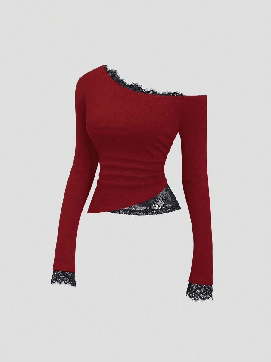 Sweetra Sexy Lace Patchwork Asymmetric Shoulder Slim Fit Pullover Top With Asymmetrical Hem, Stylish Design For Women, Autumn/Winter - Red - View 1