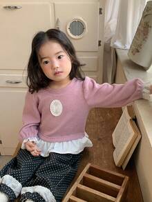 DAZY 女童韩版圆领休闲撞色长袖卫衣 - 粉色 - 查看 5