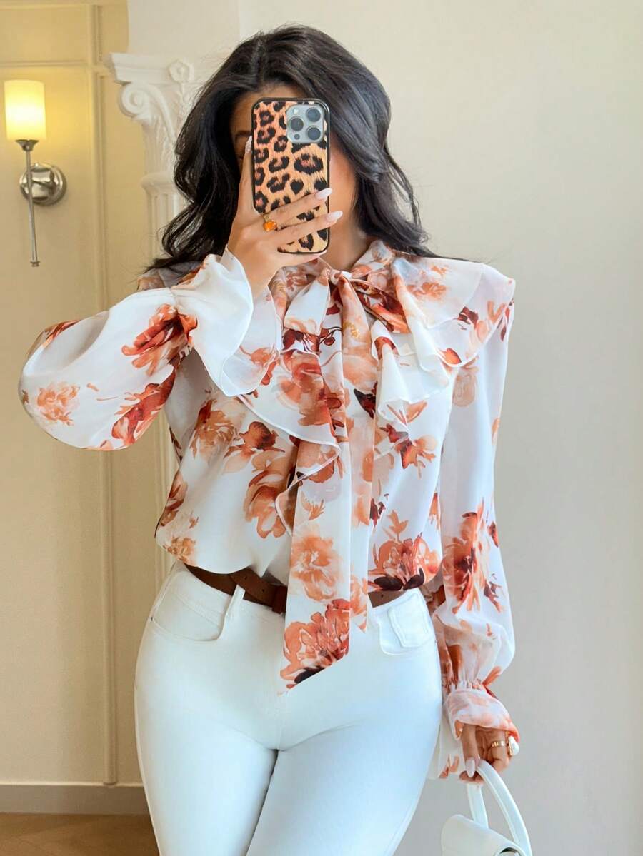 Rafferiza Women's Romantic Ruffle Hem Printed Blouse, Elegant For Spring Vacation, Commuting, Date, Fashion Casual Loose Shirt - Yellow - View 1