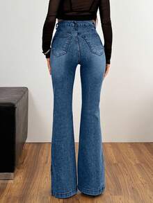 EURMUSE Slim Fit High Waist Flared Comfort Denim Jeans Everyday Going Out Date Dark Blue Autumn Casual 2000s Streetwear - Medium Wash - View 2