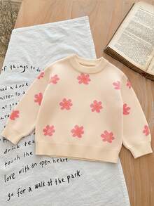 SHEIN LMoss Kids LMoss Baby Girl Floral Pattern Knitted Long Sleeve Sweater, Cute And Versatile, Autumn/Winter - Apricot - View 2