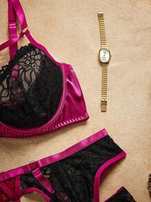 大码复古优雅性感蕾丝拼接缎面衬衫+内裤+吊袜带+腿环五件套 - 彩色 - 查看 5