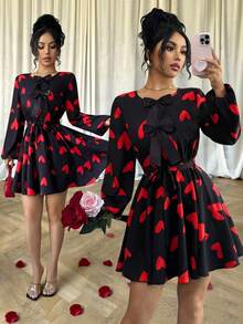 Elenzga Đầm nữ màu đỏ thắt nơ hình trái tim lãng mạn, đầm ngắn tay dài ôm eo thanh lịch, thích hợp cho hẹn hò, Ngày Valentine, Giáng sinh, Lễ Tạ ơn, Ngày Độc lập, Lễ tốt nghiệp, Năm mới, thuộc dòng thời trang, màu đen. - Nhiều màu - Xem 1