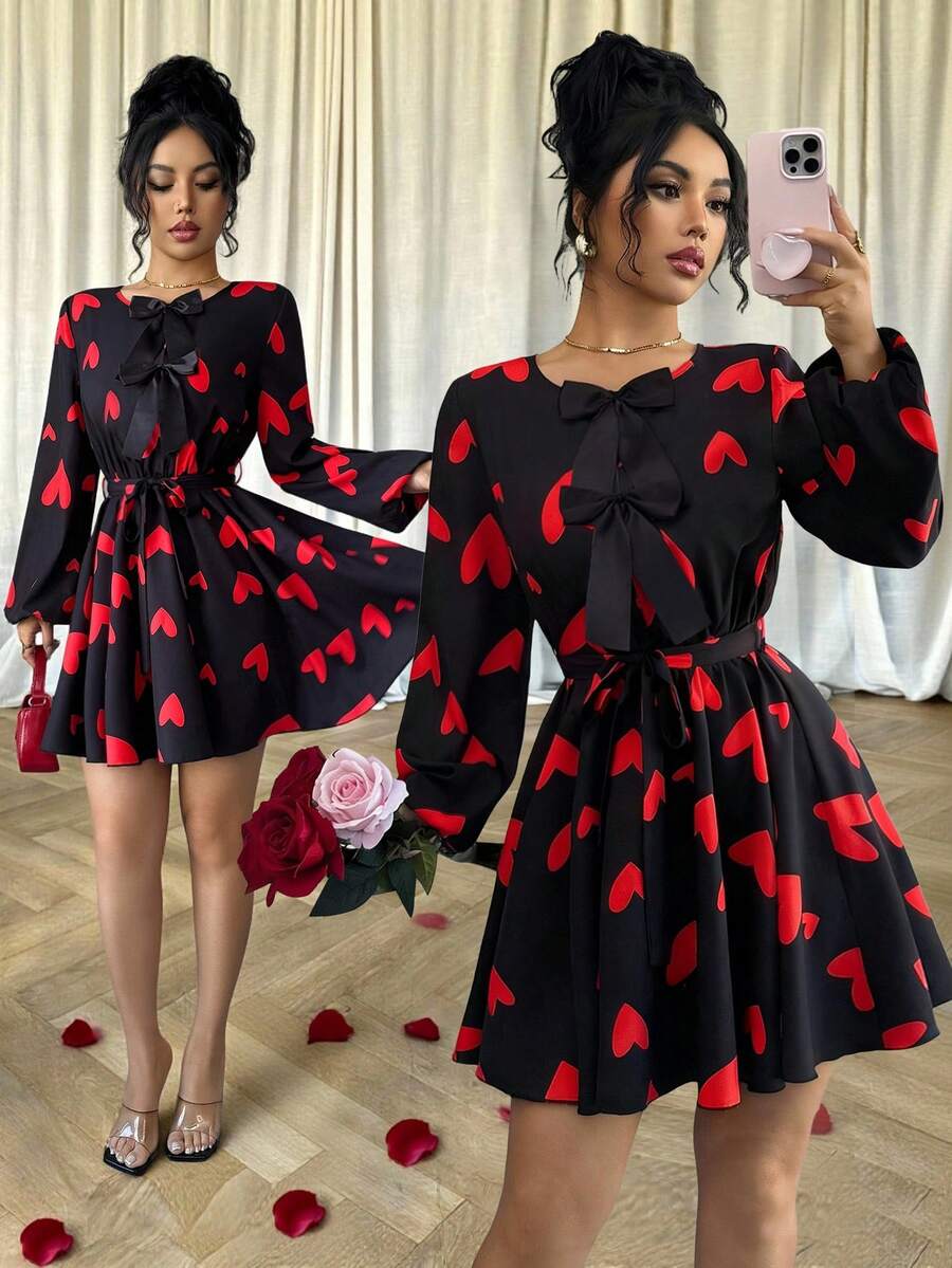 Elenzga Đầm nữ màu đỏ thắt nơ hình trái tim lãng mạn, đầm ngắn tay dài ôm eo thanh lịch, thích hợp cho hẹn hò, Ngày Valentine, Giáng sinh, Lễ Tạ ơn, Ngày Độc lập, Lễ tốt nghiệp, Năm mới, thuộc dòng thời trang, màu đen. - Nhiều màu - Xem 1