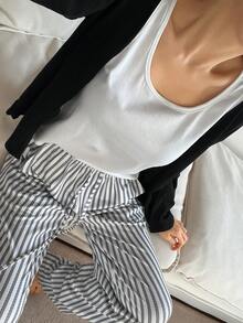 DAZY 3件套极简开衫、背心和条纹裤女士睡衣套装 - 黑色 - 查看 4