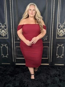 Hourglow Dollyholly86 Plus Size Off Shoulder Long Dress, Spring Summer Beach Outfit,Birthday Dresses For Women, For Hourglass Body Shape - Burgundy - View 4