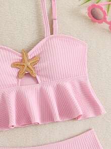 Tween Girl Pink Solid Color Ruffle Trim Spaghetti Strap Bikini 2 Pieces Set High Waist Mermaid Starfish Detail Cute Summer Beach Pool Holiday - Pink - View 5
