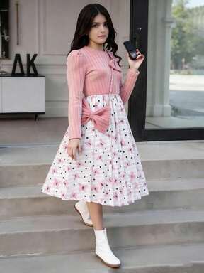 SHEIN Explorewe Tween Girl Mandarin Collar Full Sleeve Ribbed Butterfly Print Dress