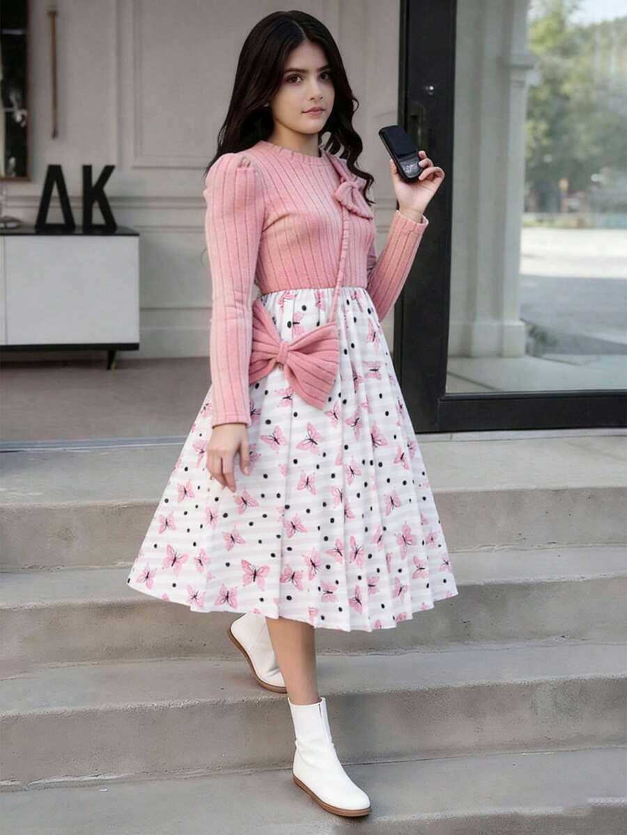 SHEIN 少女立领长袖罗纹蝴蝶印花连衣裙 - 淺粉色 - 查看 1