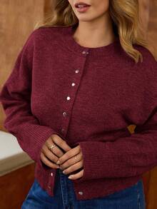 Elaquor Cárdigan de talla grande de unicolor casual con cintura ceñida, para otoño/invierno/primavera, vacaciones de primavera - Rojo - Ver 4