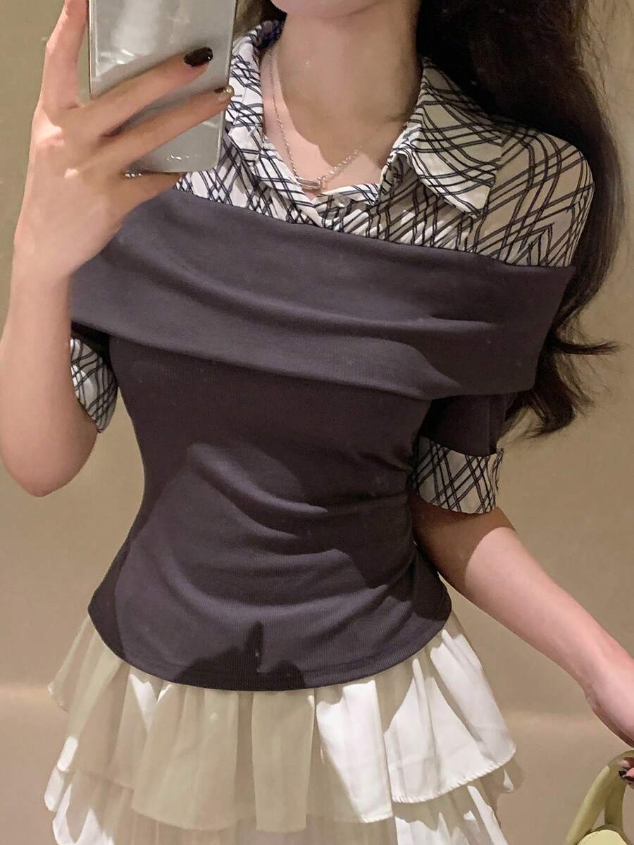 DAZY 女士格子拼接短袖二合一T恤 春夏 - 灰色 - 查看 1