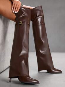 CUCCOO SZL 女士尖头锁扣装饰时尚优雅高跟过膝长靴 - 咖啡棕 - 查看 5