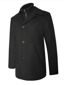 Manfinity Mode Stylish Men's Regular Black Overcoat With Zipper Collar Long Sleeves Ideal For Business Commuting And Regular Hem Overcoat Outerwear, Fall/Winter