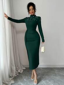 Elenzga Handmade Beaded Pleated Slit Dress For Women - Dark Green - View 4