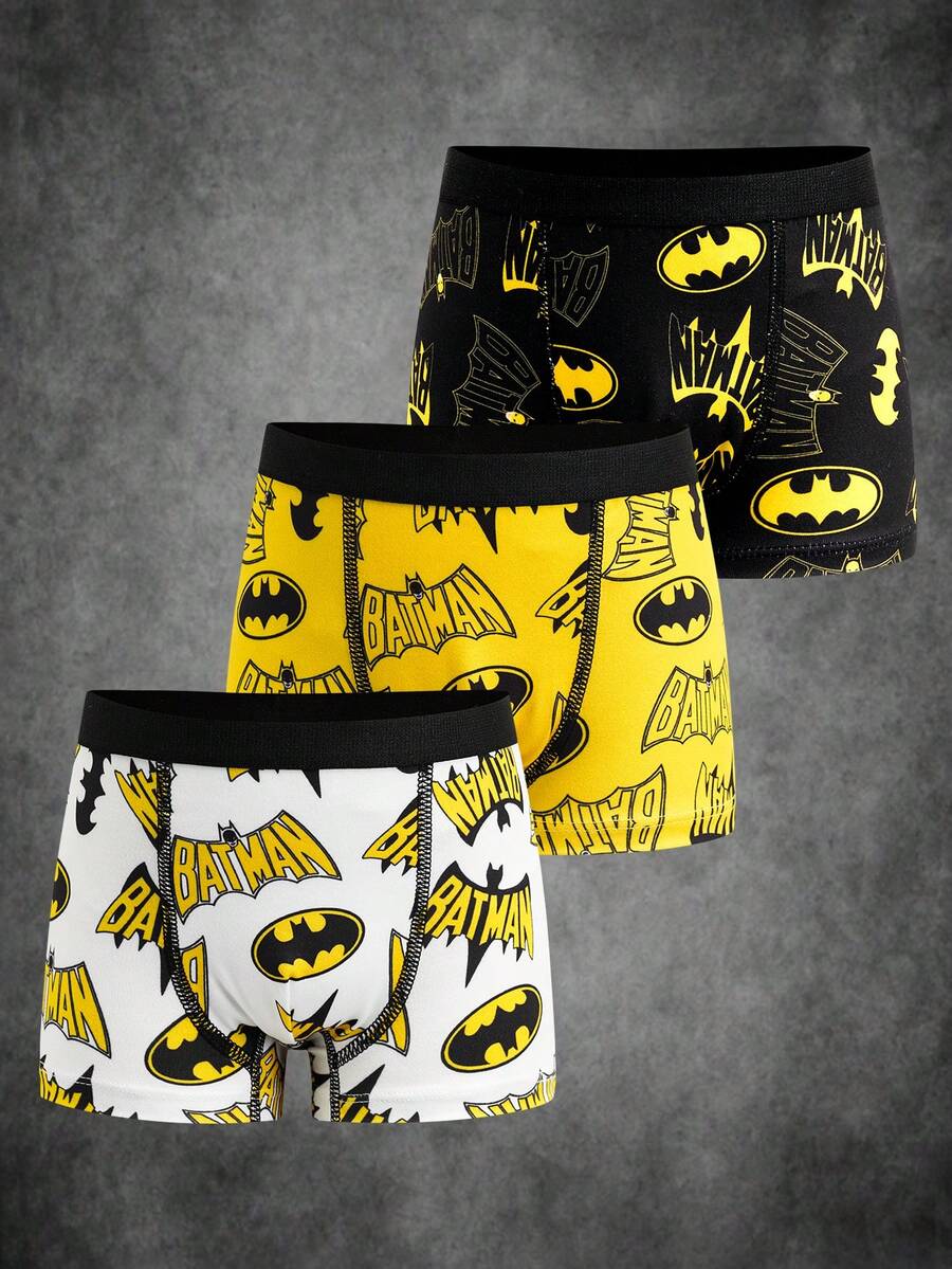 BATMAN X SHEIN 3件装男童蝙蝠标志印花撞色织带腰部缝线细节舒适平角内裤