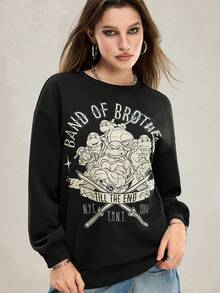 TEENAGE MUTANT NINJA TURTLES | SHEIN 女式休闲卡通圆领长袖图案黑色卫衣，秋冬 - 黑色 - 查看 5