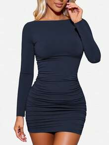 INAWLY Gaun Kasual Minimalis Polos untuk Wanita, Cocok untuk Pakaian Sehari-hari di Musim Gugur - Navy Blue - View 7