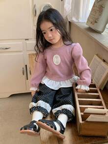 DAZY 女童韩版圆领休闲撞色长袖卫衣 - 粉色 - 查看 7