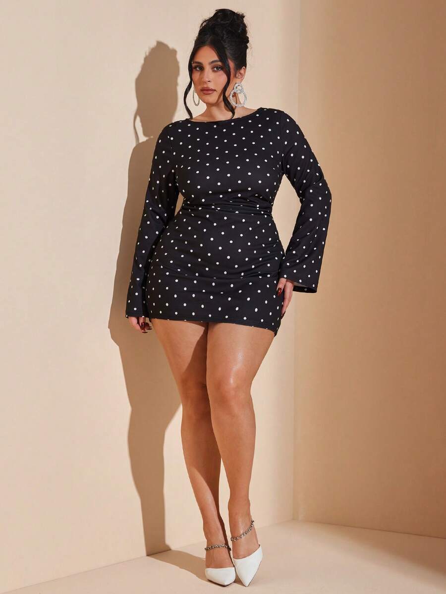 SHEIN BAE 大码女式波点喇叭袖连衣裙，情人节连衣裙 - 黑色 - 查看 1