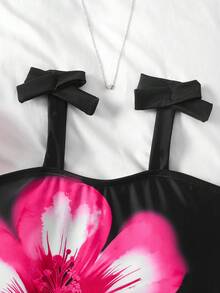 SHEIN Tween Girls' Casual Summer Beach Vacation, Bowknot Strap, Large Pink Floral Lily Print One-Piece Swimsuit, Black - Black - View 4