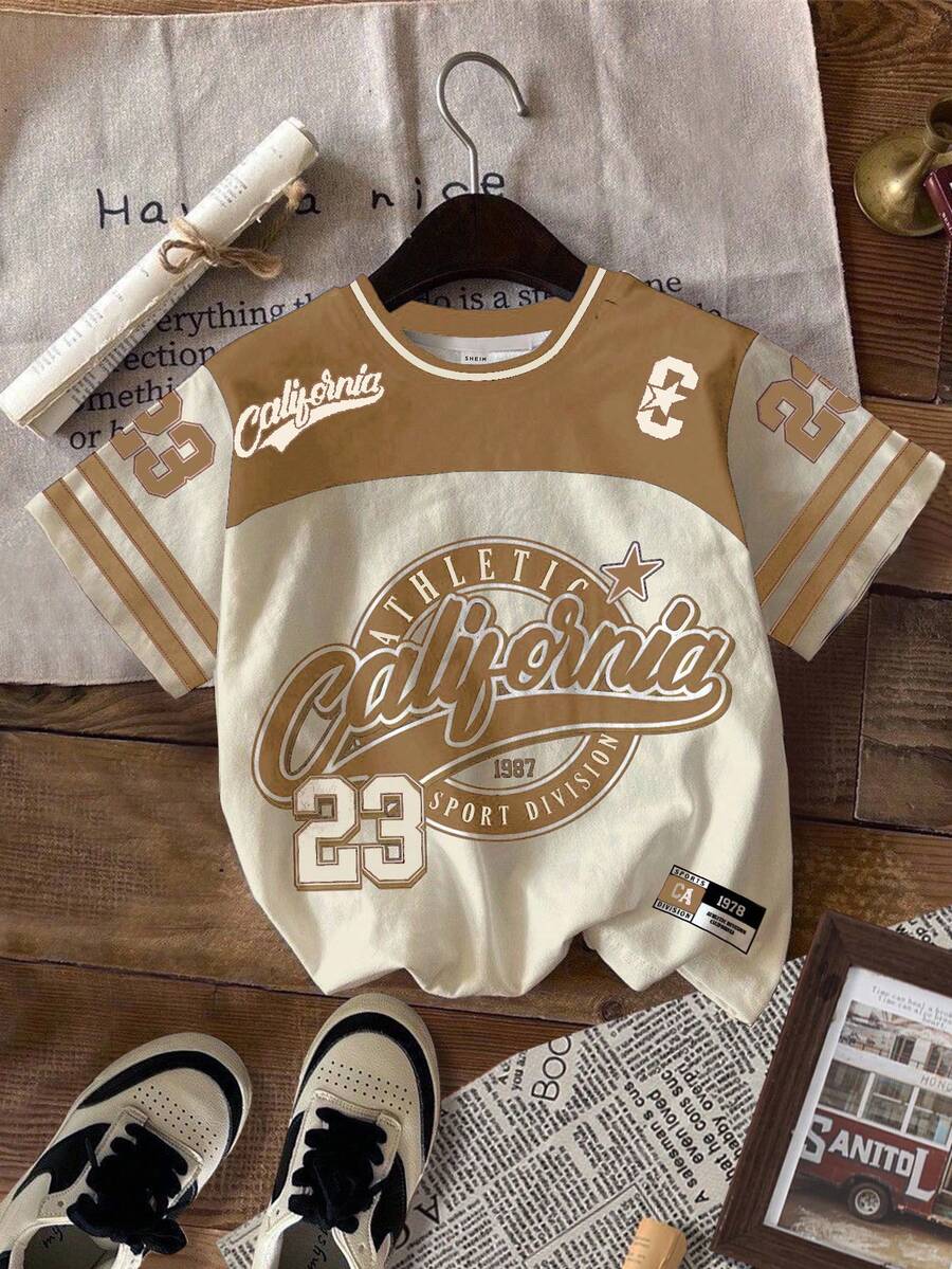 少女休闲复古字母数字徽章图案T恤,运动学院风短袖圆领T恤,适合夏季,基础款,轻松运动风,舒适精选,字母T恤,休闲舒适,蓝白配色,秋季T恤,简约时尚,经典百搭。少女休闲印花杏色圆领短袖棒球服 - 彩色 - 查看 1