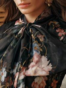 Anewsta Elegant Vacation Floral Print Sheer Women Long Sleeve Blouse, Romantic Date, Casual Commute, Relaxed Fit - Black - View 2