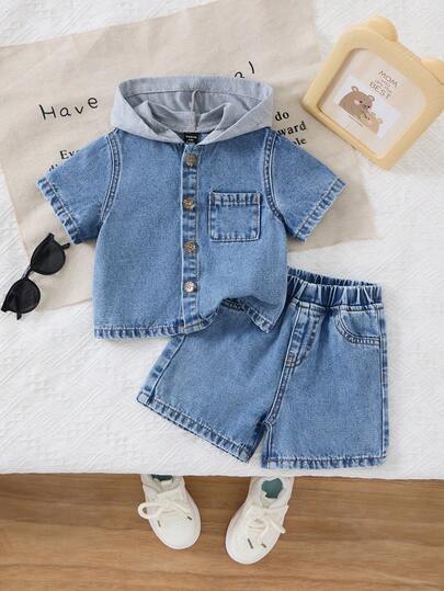 2pcs/Set Baby Toddler Boys' Blue Denim & Gray Knit Hooded Short Sleeve Shirt And Shorts Set,For Baby Spring Summer Clothes Outfits,Boys Streetwear Outfits,Boys Beach Outfit,Birthday Outfits For Boys,Casual Jeans For Boys,Vacation Outfits For  Boys,Graphic Two-Piece Set,Toddler Two-Piece Set,4-Year-Old Boys Two-Piece Set,Summer Two-Piece Set