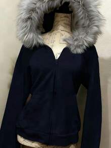 Glimmora Women's Drop Shoulder Long Sleeve Zip Front Casual Faux Fur Hooded Sweatshirt - Navy Blue - View 3