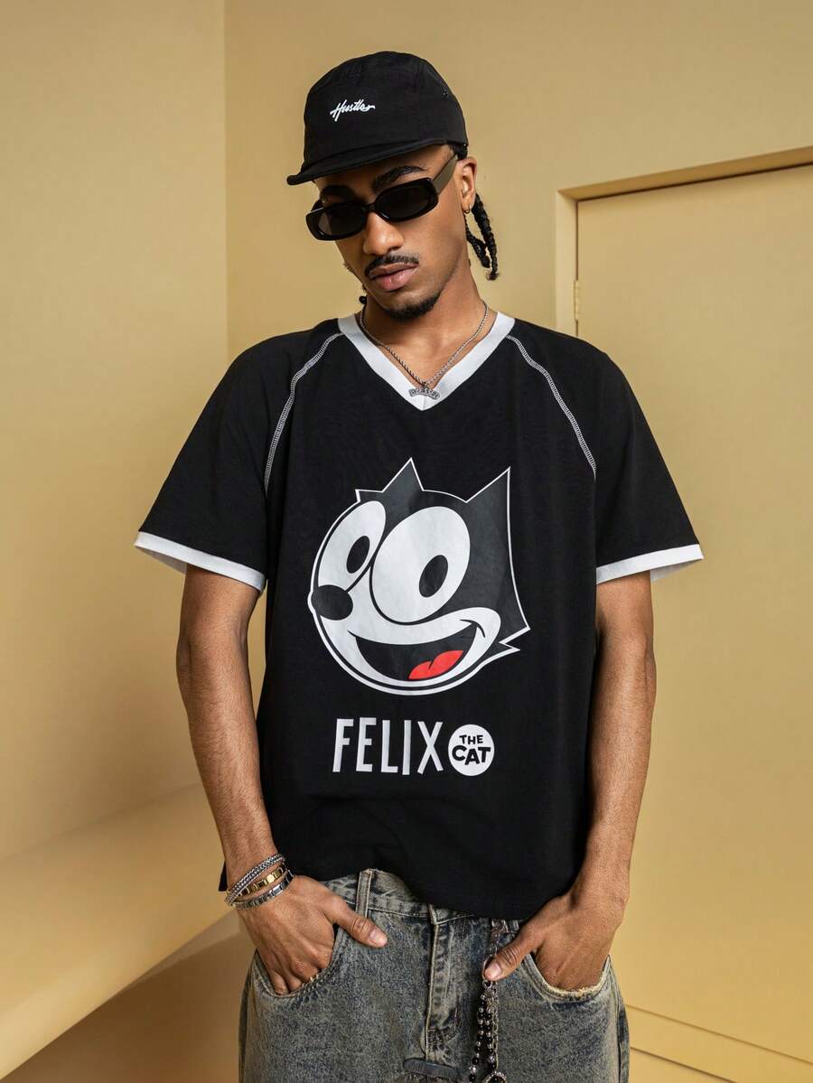 Felix The Cat X SHEIN Áo thun nam tay ngắn cổ chữ V họa tiết hoạt hình tương phản - màu đen - Xem 1