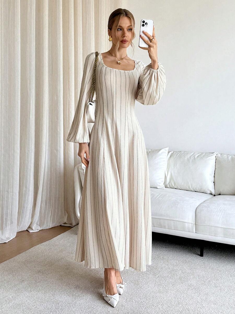 Siren Gaze 新款条纹方领收腰A字长连衣裙，优雅连衣裙 - 杏色 - 查看 1