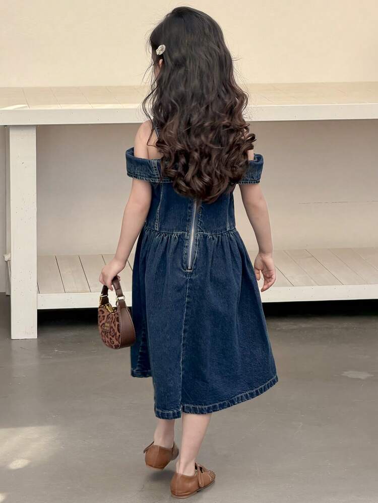Young Girl Off-Shoulder Casual Korean Style A-Line Denim Dress