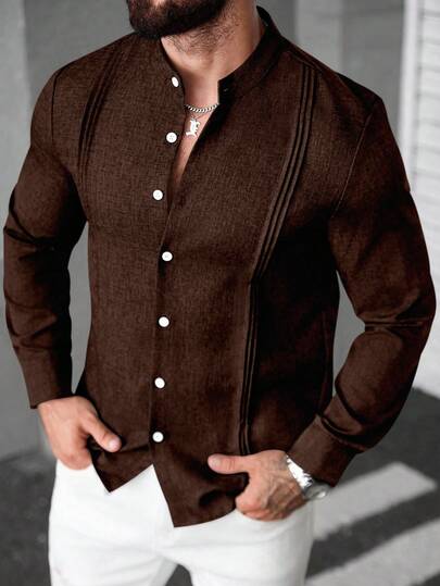 Manfinity CasualCool Camisa casual/de negocios de manga larga de un solo pecho con pliegues de unicolor para hombre