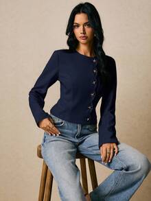 Poéselle Women's Elegant Star Button Long Sleeve Shirt For Commuting, Autumn - Navy Blue - View 6