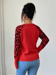 Elenzga Women's Fashionable Leopard Print Patchwork Pearl Button Raglan Sleeve Fitted Knit Sweater - Red - View 2