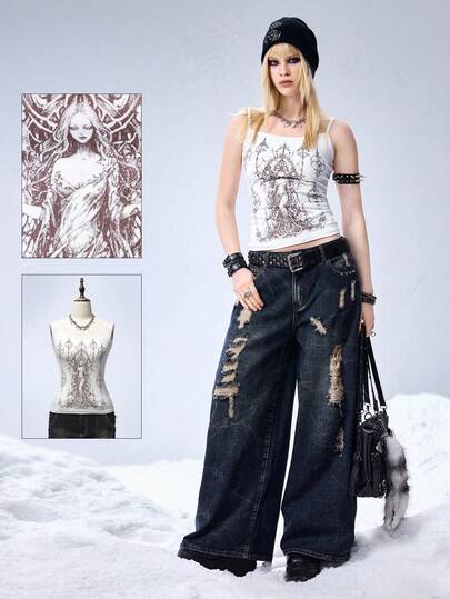 Grunge Punk Y3K Punk Cyborg Graphic Print Slim Fit Camisole For Women