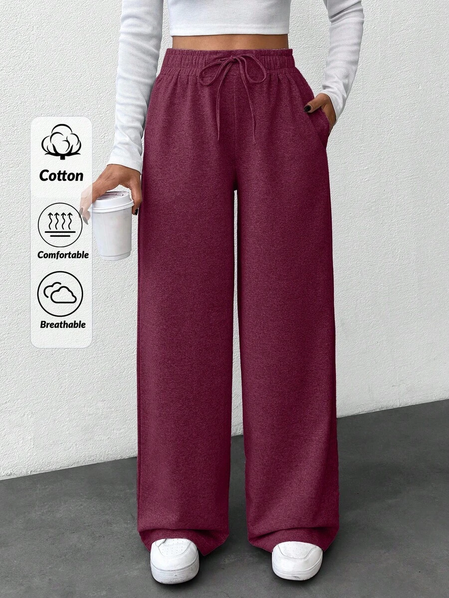 SHEIN Women Solid Color High Waist Straight Pants - Burgundy - View 1