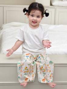 DAZY 2 piezas Conjunto de ropa de estar en casa para niñas pequeñas con camiseta de manga larga de unicolor y pantalones con estampado floral - Blanco - Ver 5