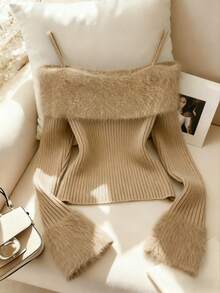 Franclia 全新复古性感时尚高端毛茸茸领露肩女式毛衣套头衫，秋冬 - 駝色 - 查看 1