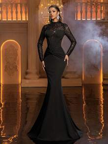 Glamrae Đầm đuôi cá phối ren đen thanh lịch, lãng mạn, thời trang với chất liệu co giãn, đính ngọc trai, thiết kế 2 trong 1, tay dài, dáng đuôi cá, dài thướt tha, phù hợp cho các dịp trang trọng, lễ hội, kỳ nghỉ, tiệc sinh nhật, đám cưới, tiệc tối trang trọng. - màu đen - Xem 5