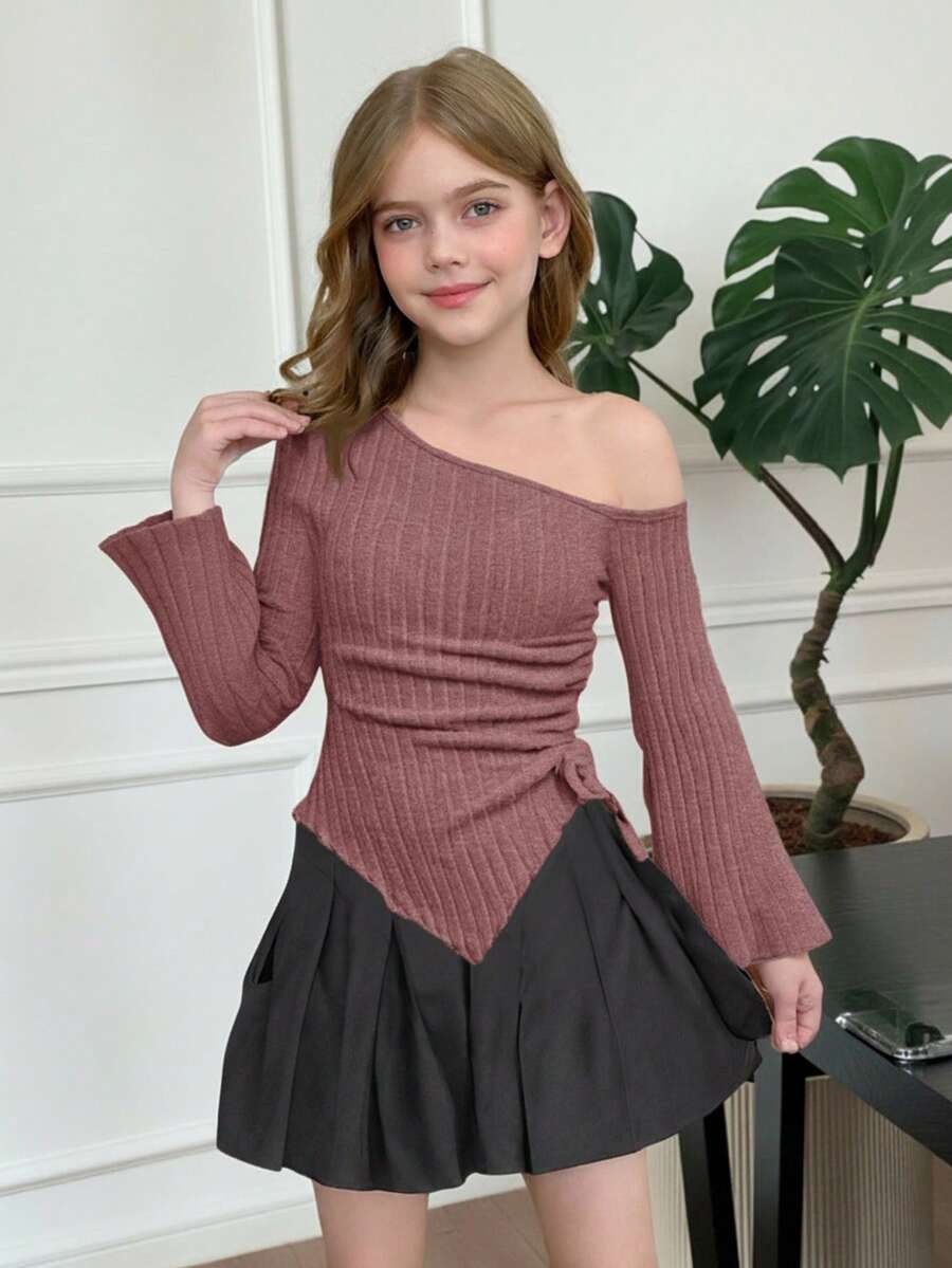 SHEIN Tween Girl Pink Drawstring Asymmetric Hem Flared Sleeve T-Shirt,Off Shoulder T-Shirt,Fall Clothes,Halloween Clothes,Comfortable T-Shirt,Back To School Season, Christmas - Pink - View 1