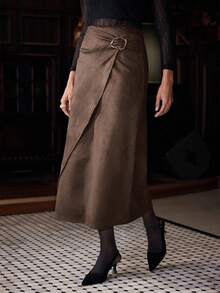 Uhlyne Uhlyne Damen eleganter plissierter Wildlederrock, vielseitig für Frühling, Herbst, Winter, geeignet für Urlaub, Party, Pendeln, Büro, Alltag, einfarbiger Metalldekor - Mokka-Braun - Übersicht 5