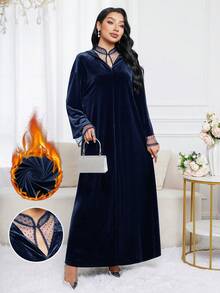 Al Najma 女士波点网纱拼接长袖连帽阿拉伯连衣裙 - 藏蓝色 - 查看 2